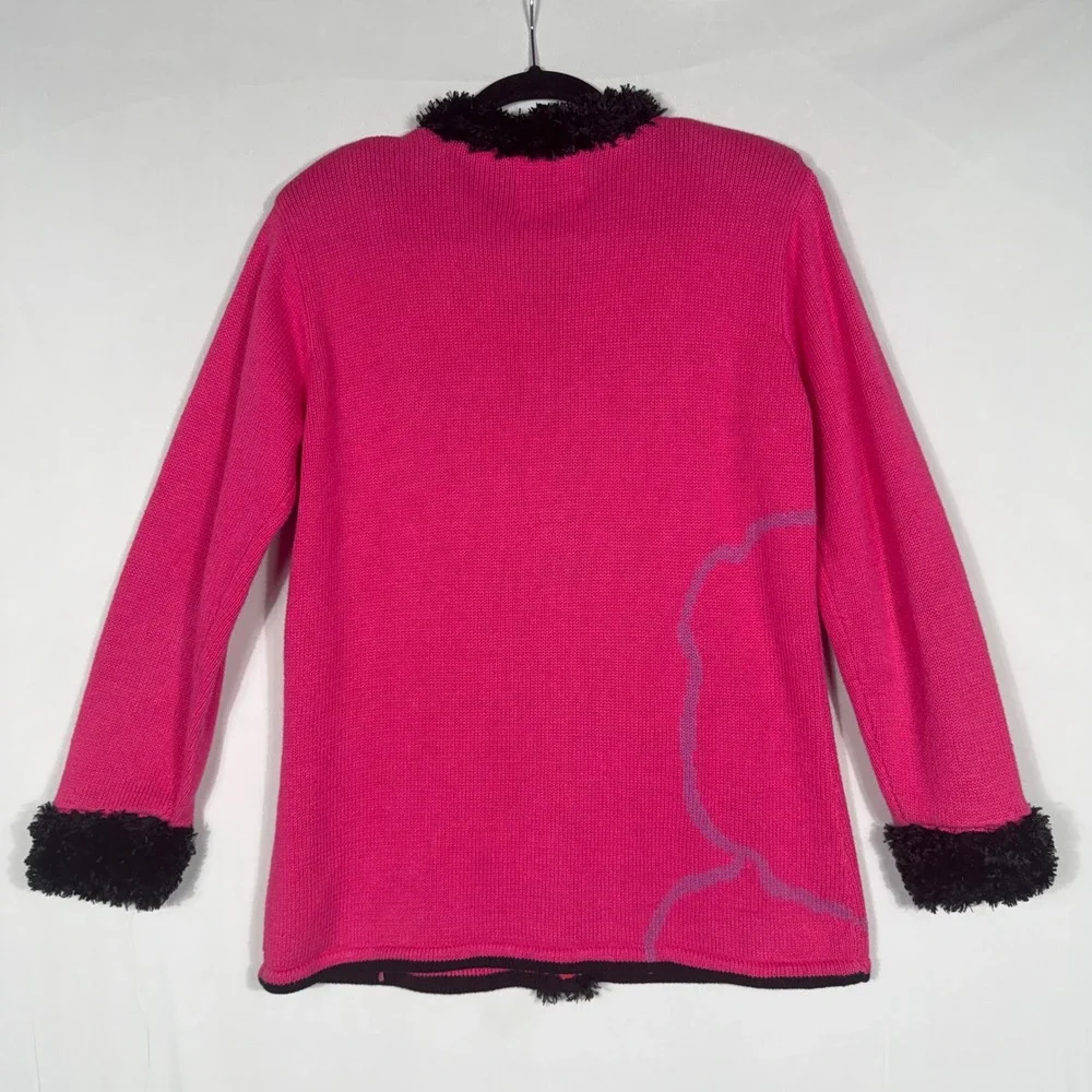 Vtg 90s Storybook Knits Pink Rose Beaded Knit Cardigan Sweater‎ Faux Fur Trim Sm
